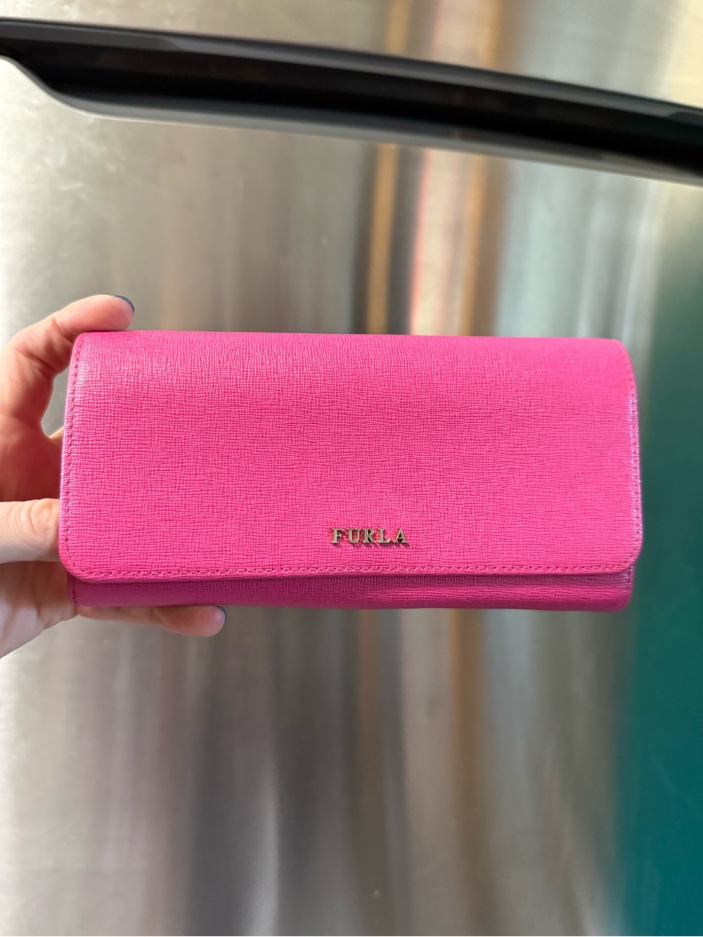 Furla Hot Pink Textured Leather Wallet with Gold Logo